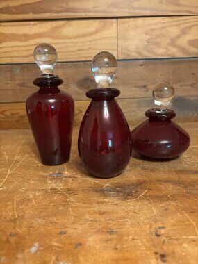 Antique Red Glass Bottles w/Stoppers (3)
